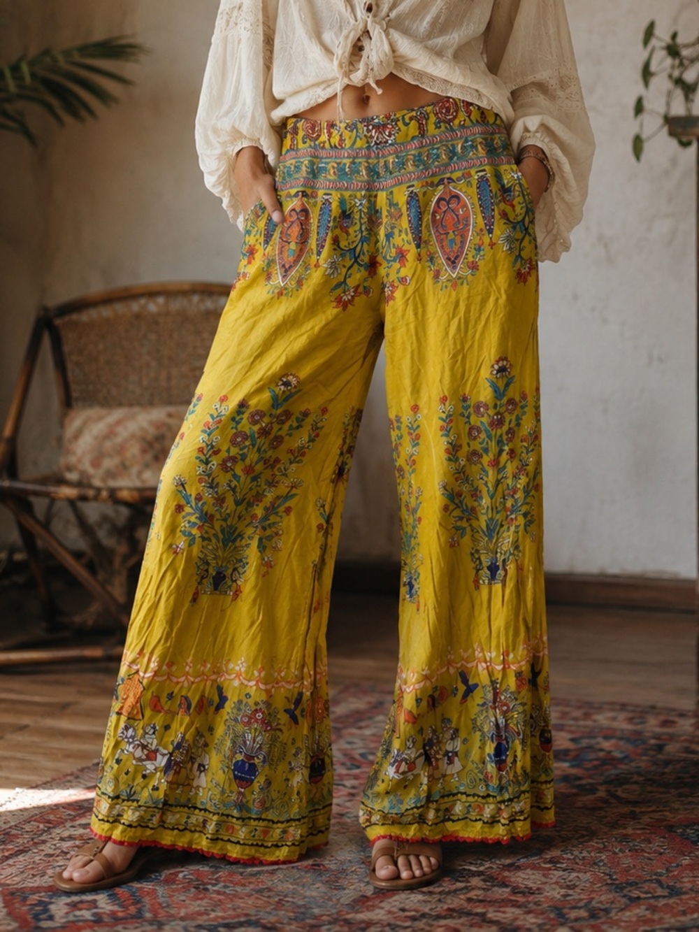 Bohemian Wide-Leg Vibrant Floral Print Palazzo Flowy Pants Granola Girl Hippie